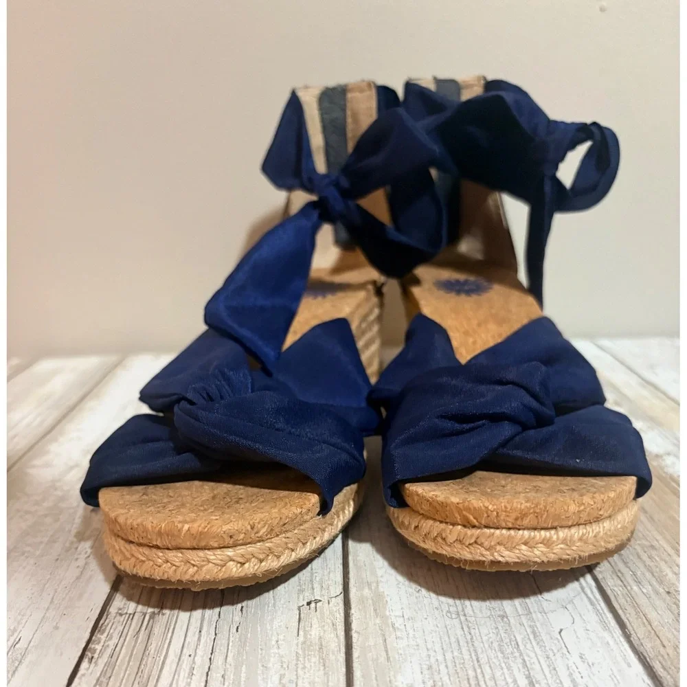 UGG Trina Espadrille Wedge Sandals Womens 9 Navy Blue Excellent Bow Ankle Wrap